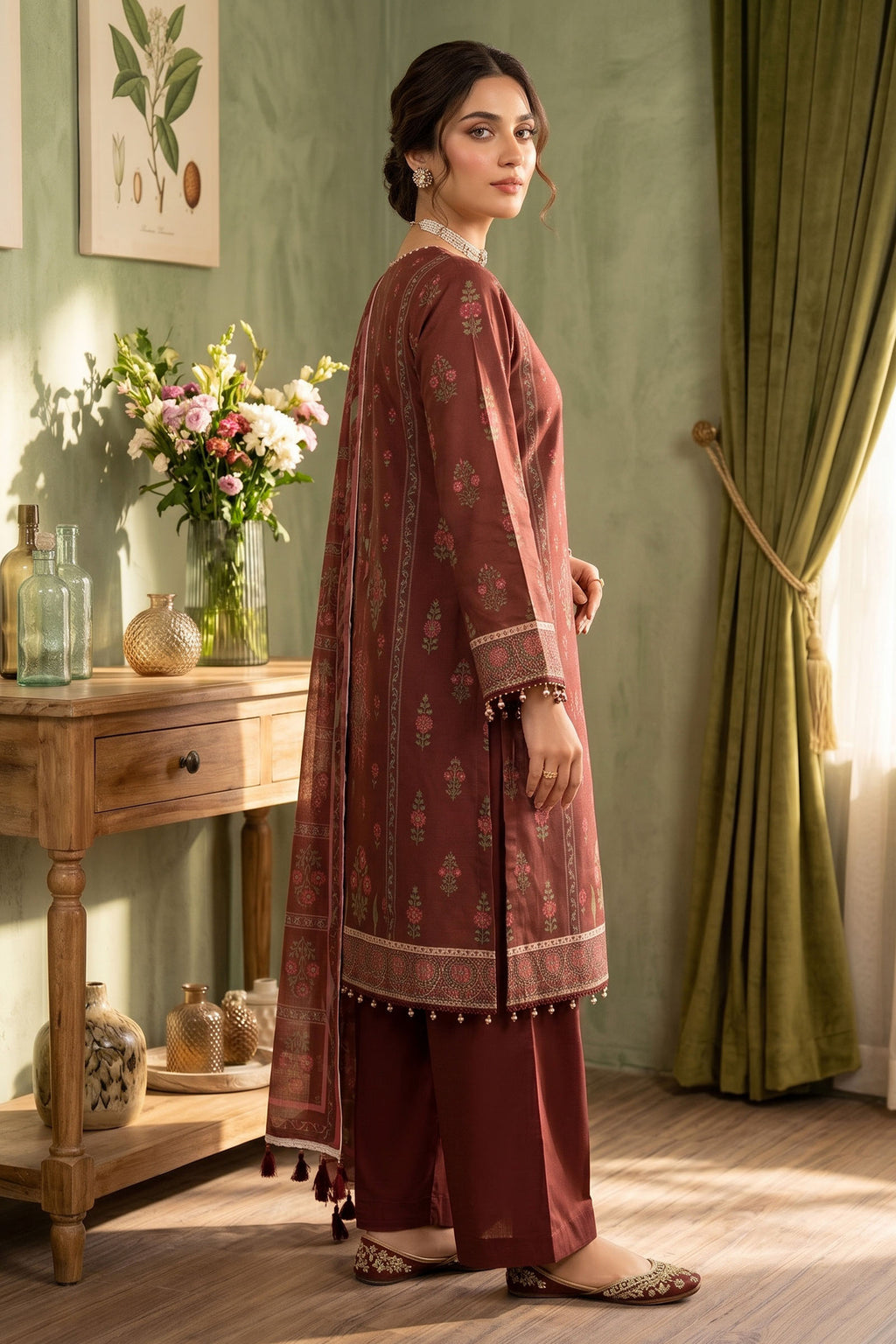 Dark Brown 3 Piece Unstitched Premium Printed Lawn