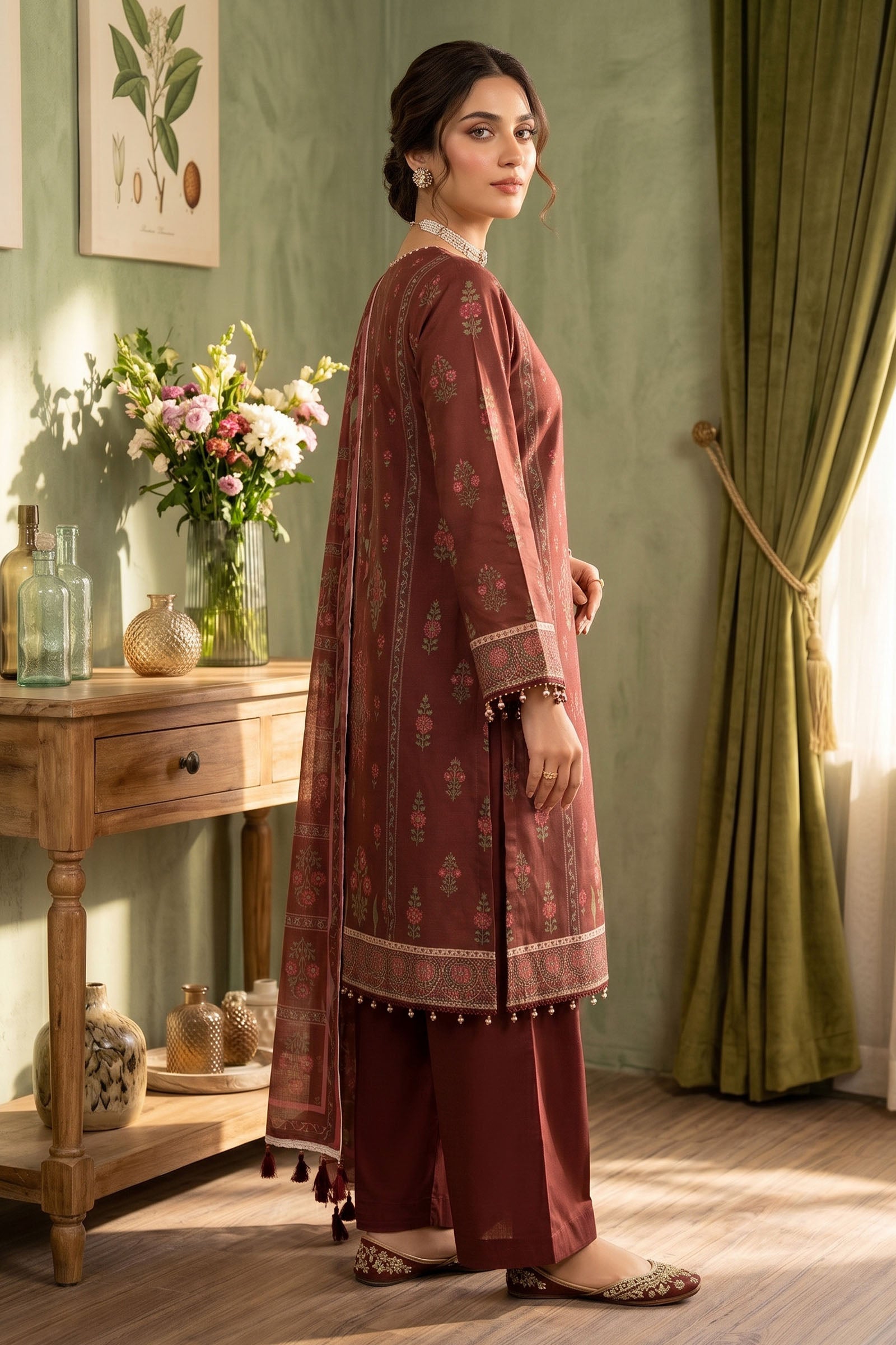 Dark Brown 3 Piece Unstitched Premium Printed Lawn