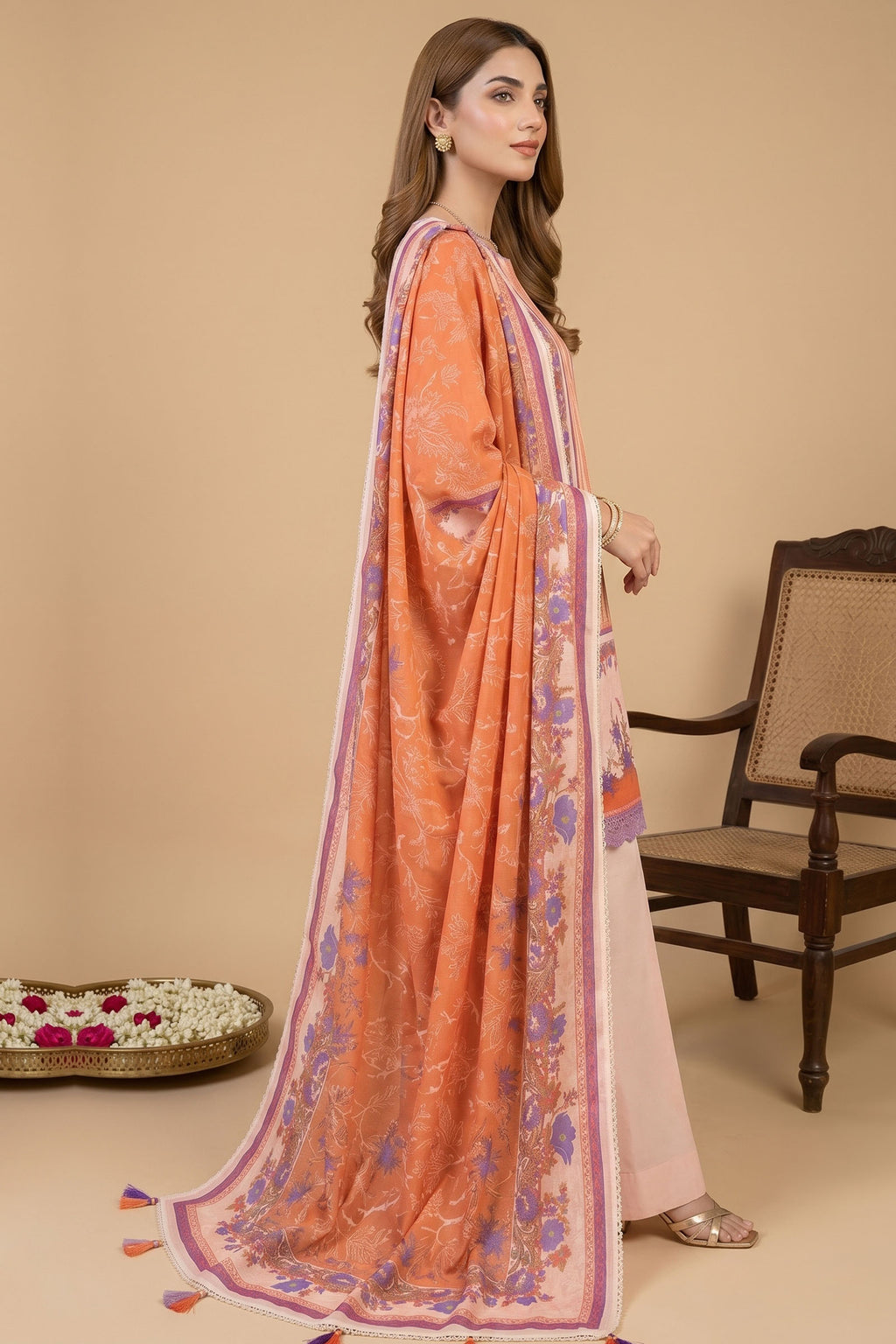 Peach 3 Piece Unstitched Premium Printed Lawn