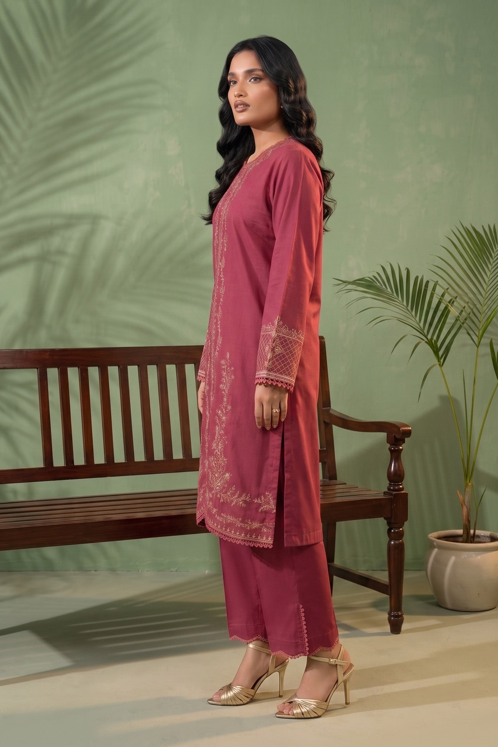 Ruby pink 2 Piece Unstitched Dyed Embroidered Lawn