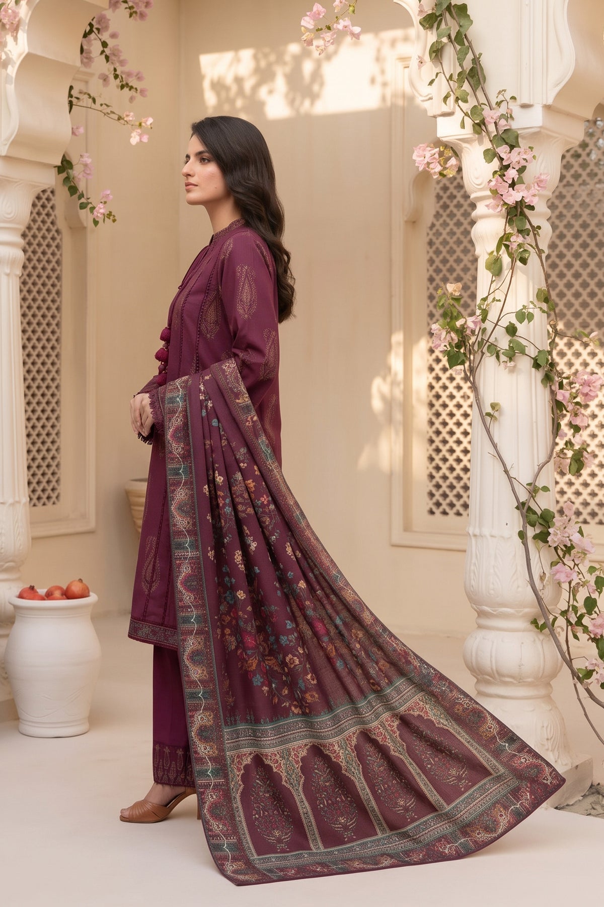 Unstitched Premium Printed 3 Piece Maroon Suit