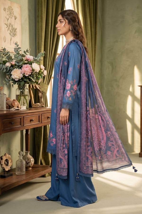 Blue 3 Piece Unstitched Premium Printed Lawn