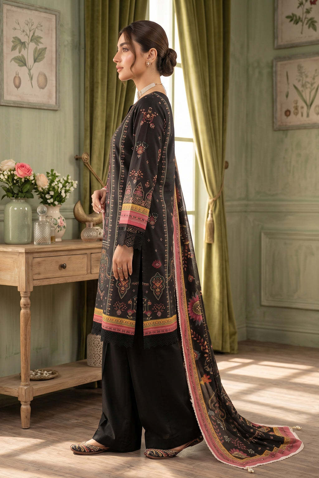 Black 3 Piece Unstitched Premium Printed Lawn