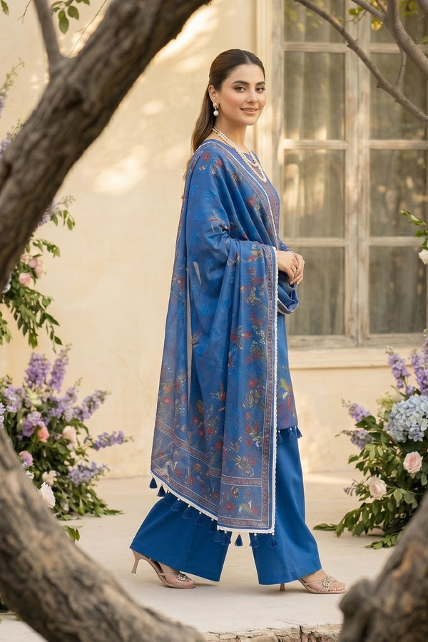 Blue 3 Piece Unstitched Premium Printed Lawn