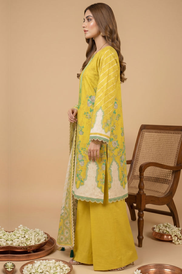 Yellow 3 Piece Unstitched Premium Printed Lawn
