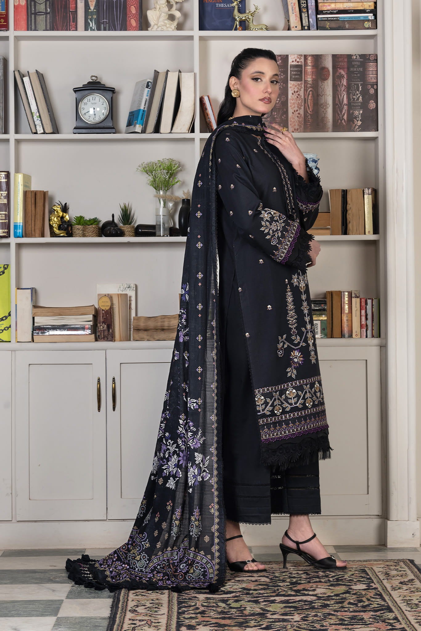3 Piece Unstitched Black Luxury Embroidered Lawn