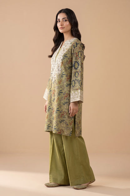 2 Piece Unstitched Embroidered Printed Khaddar - Olive Moss