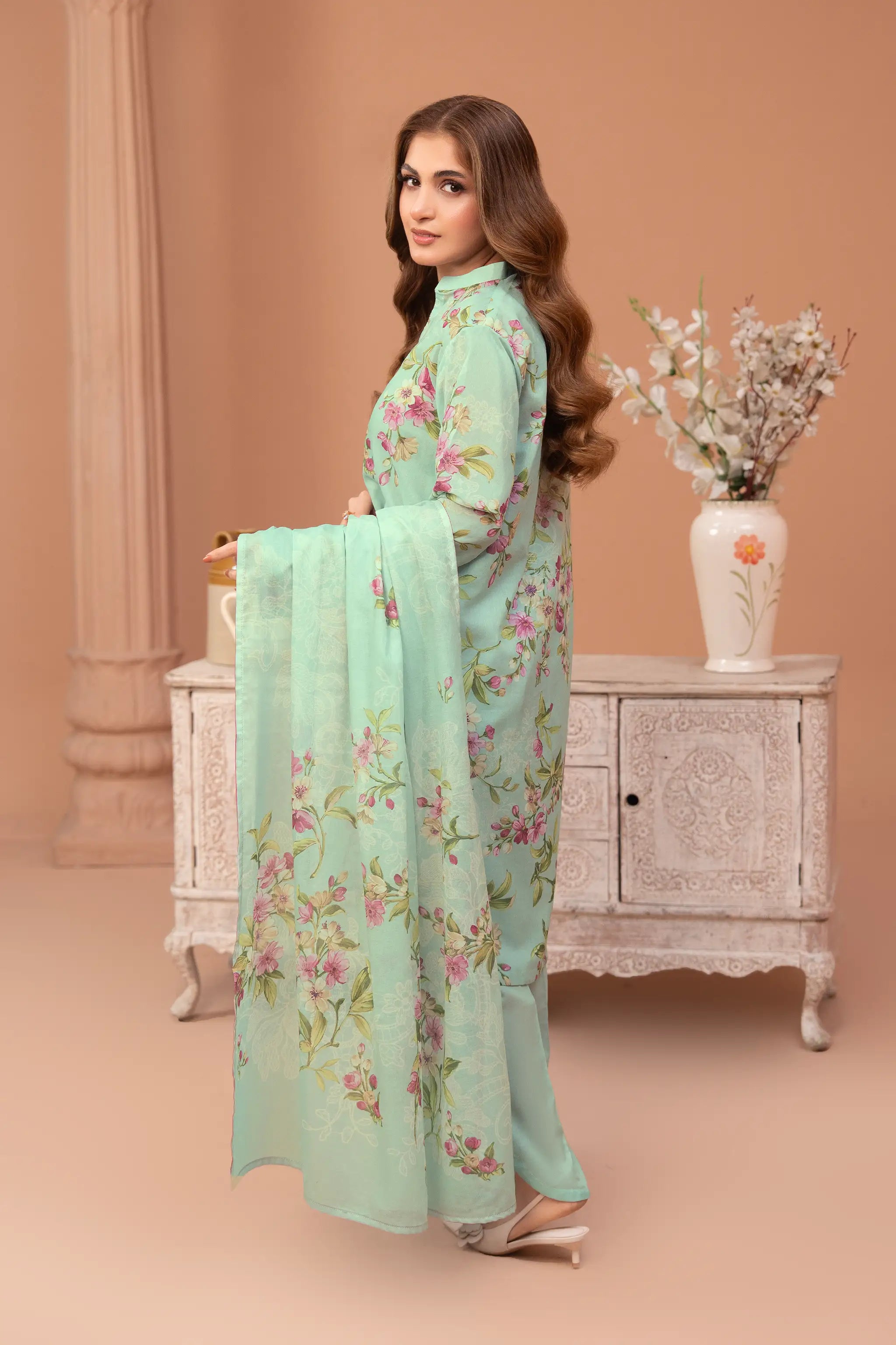 3 Piece Unstitched Turquoise Green Premium Printed Lawn