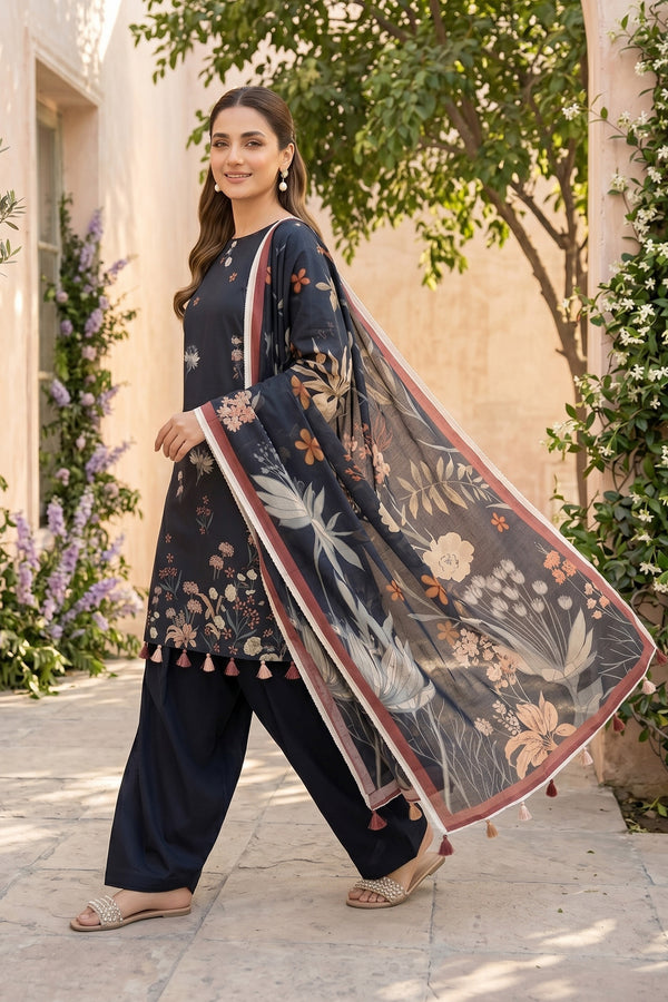 Black 3 Piece Unstitched Premium Printed Lawn