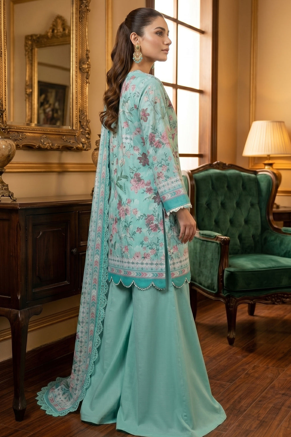 Cyan Green 3 Piece Unstitched Premium Printed Lawn