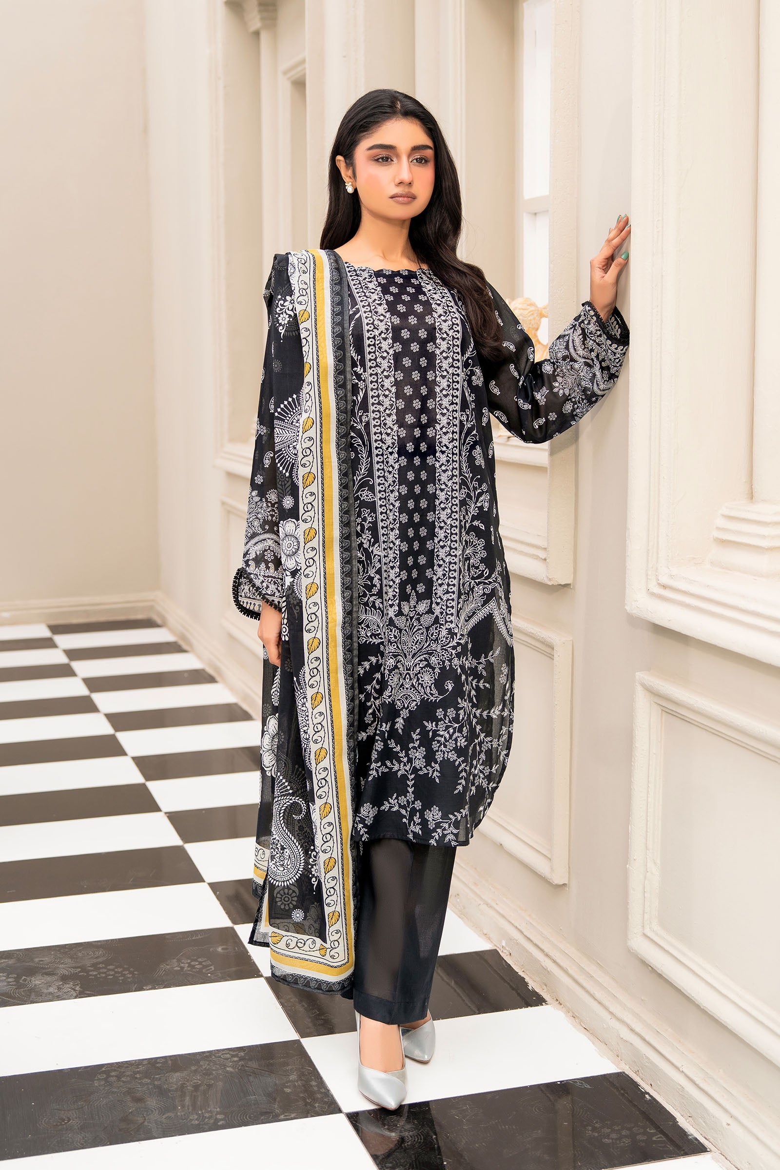 Black 3 Piece Unstitched Premium Printed Lawn