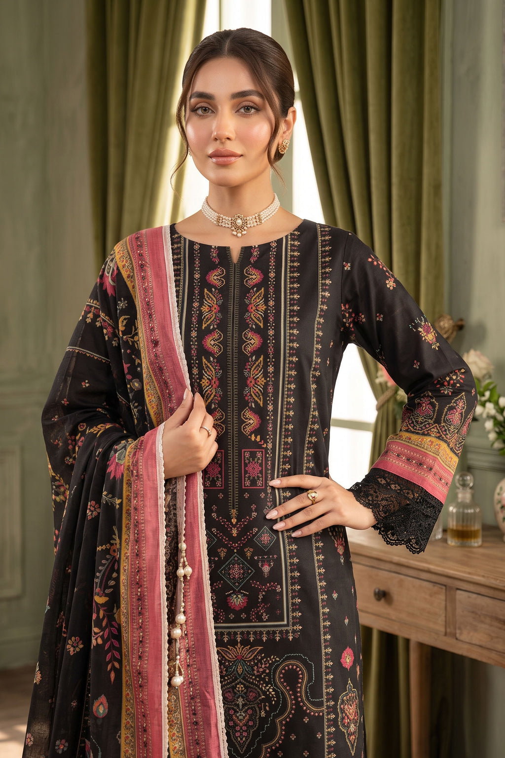 Black 3 Piece Unstitched Premium Printed Lawn-safanoor