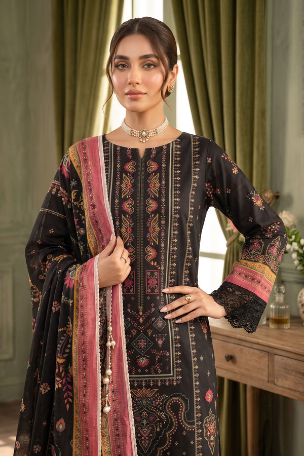 Black 3 Piece Unstitched Premium Printed Lawn-safanoor
