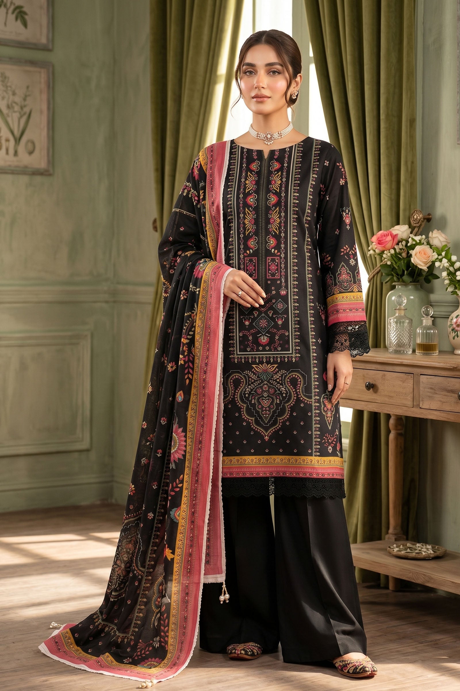 Black 3 Piece Unstitched Premium Printed Lawn -SAFANOOR