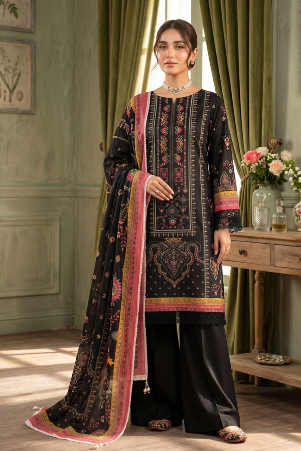 Black 3 Piece Unstitched Premium Printed Lawn -SAFANOOR