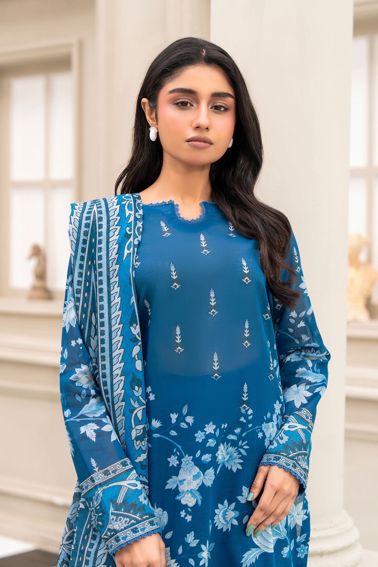 Blue 3 Piece Unstitched Premium Printed Lawn