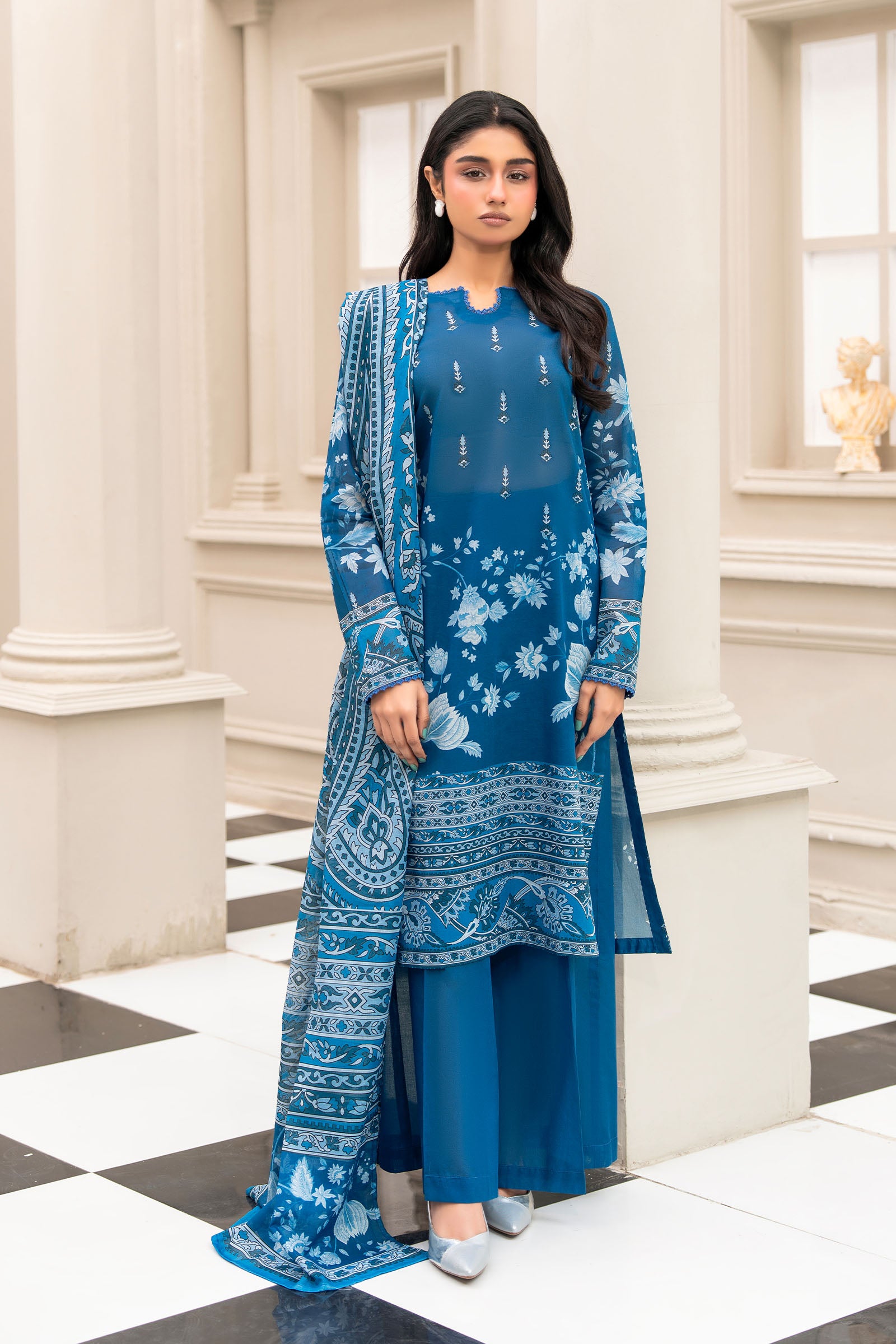 Blue 3 Piece Unstitched Premium Printed Lawn