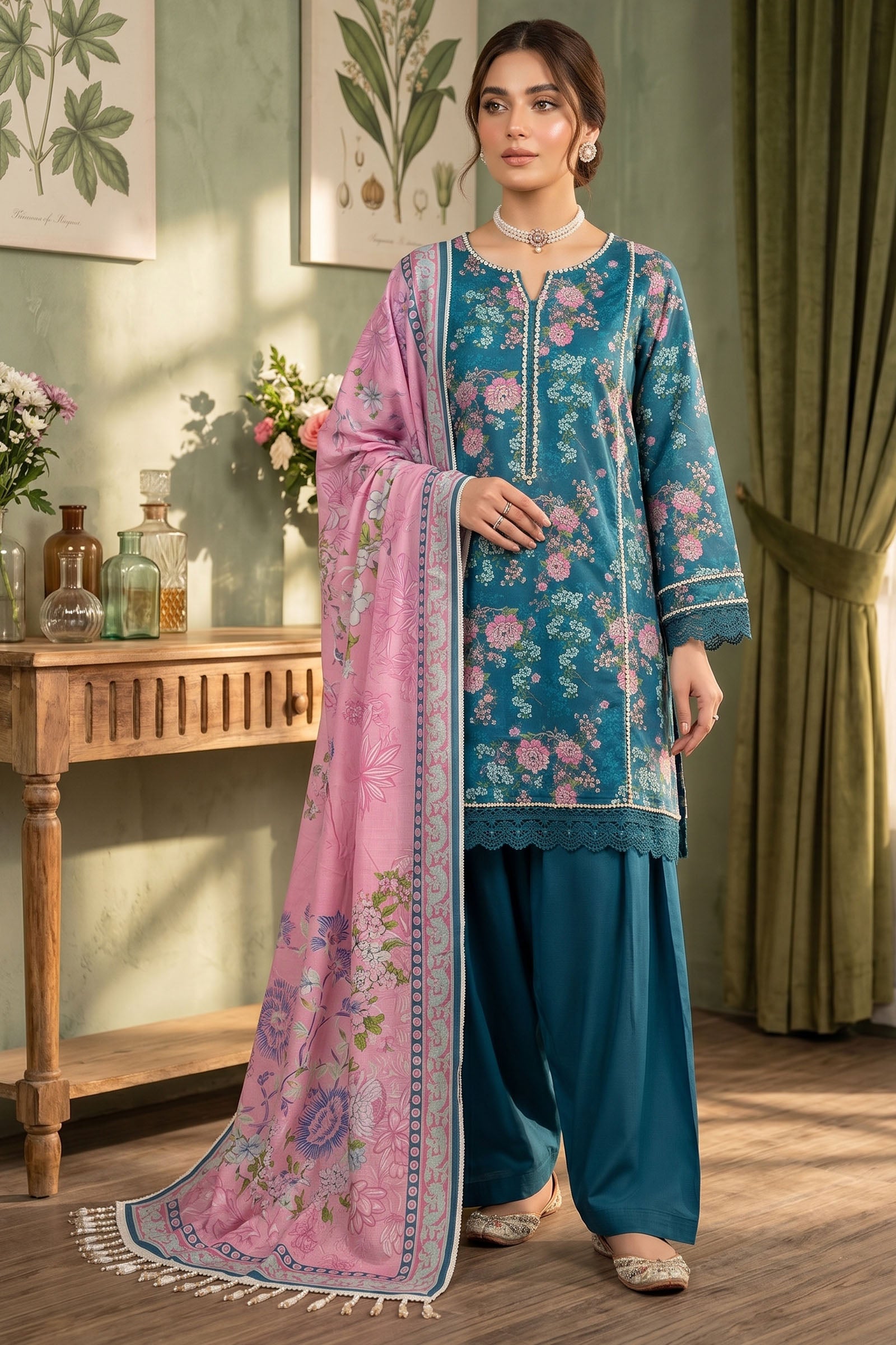 Blue 3 Piece Unstitched Premium Printed Lawn - SAFANOOR