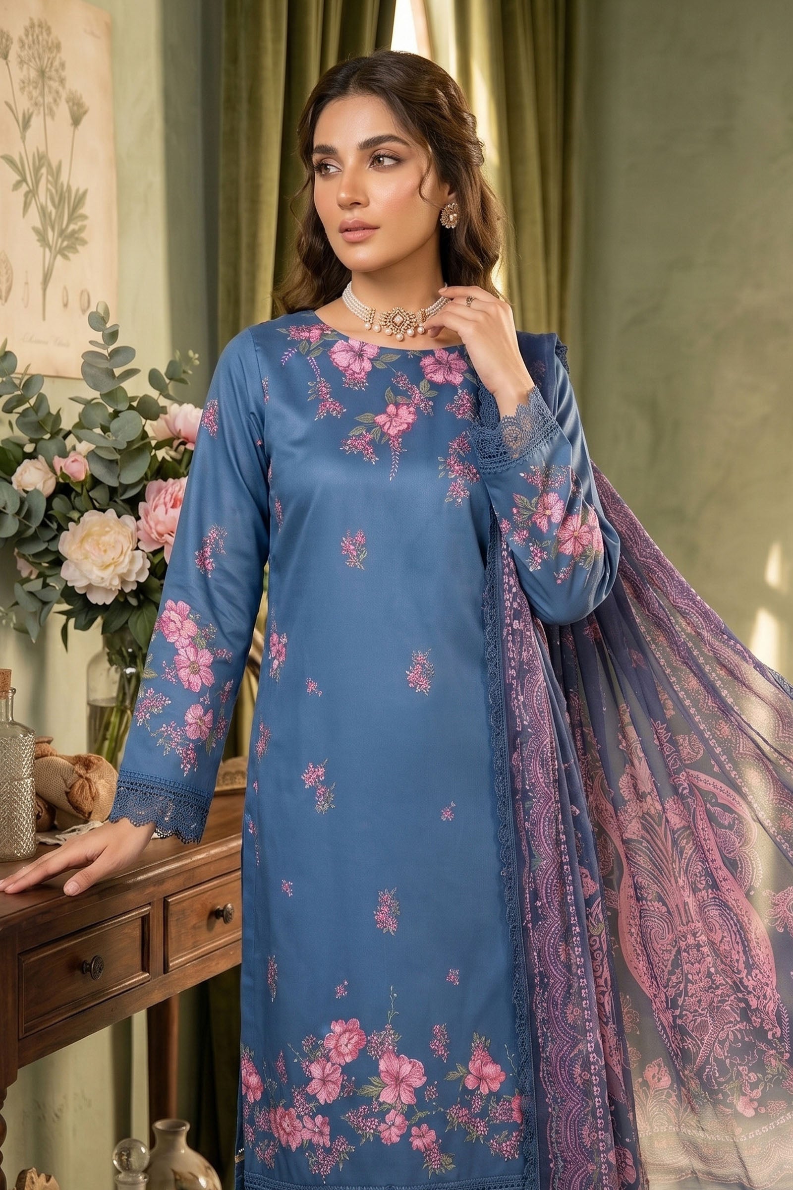 Blue 3 Piece Unstitched Premium Printed Lawn Secondary image