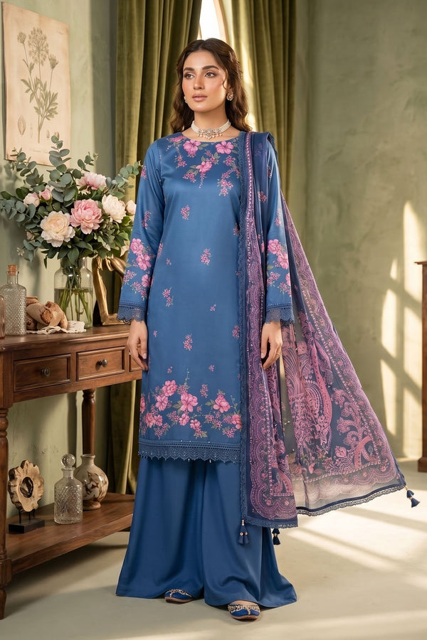 Blue 3 Piece Unstitched Premium Printed Lawn -SAFANOOR