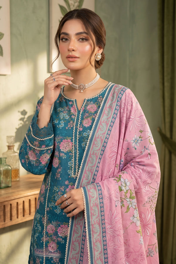Blue 3 Piece Unstitched Premium Printed Lawn - SAFANOOR