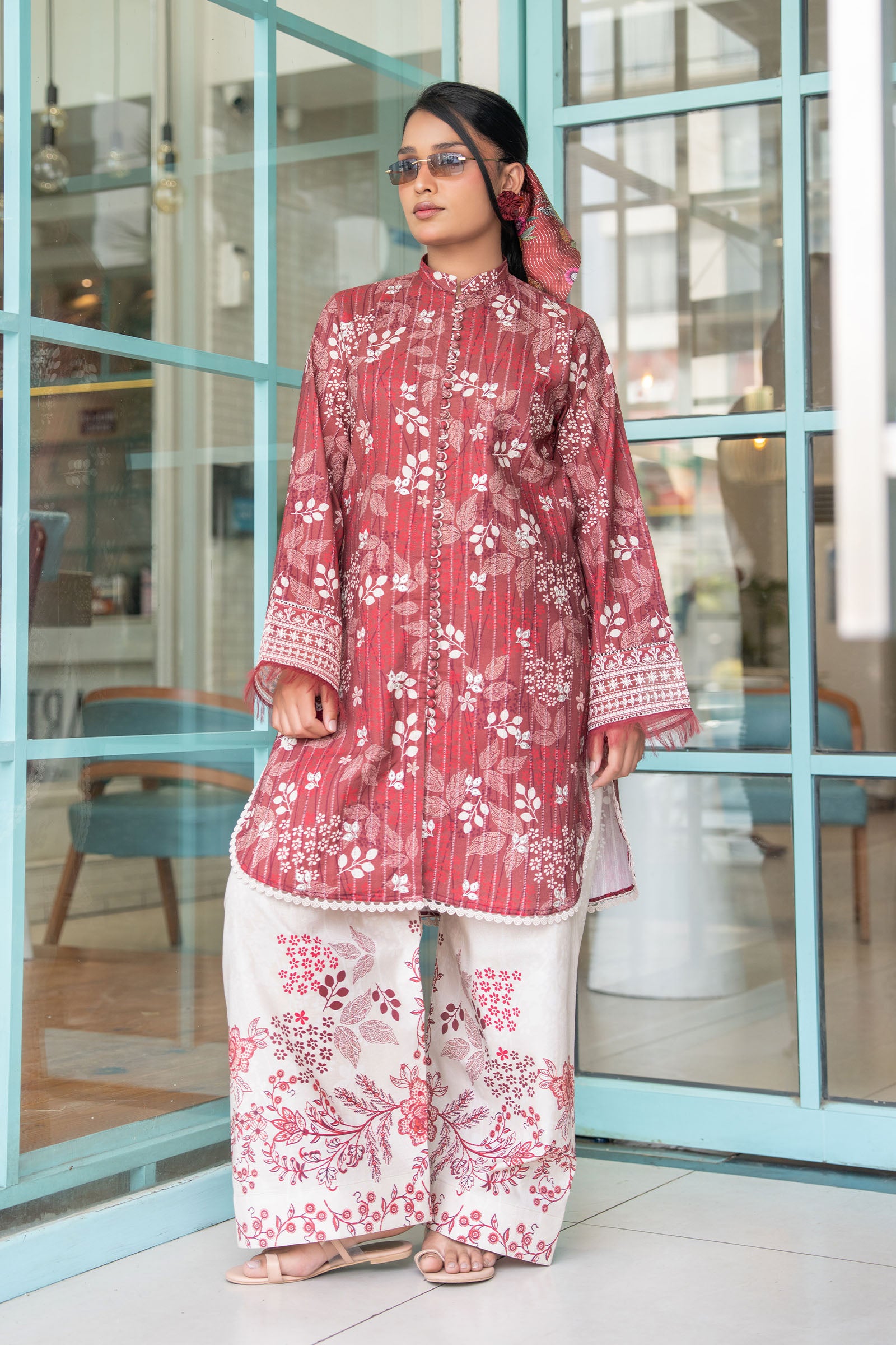 Brick Red 2 Piece Unstitched Embroidered Lawn