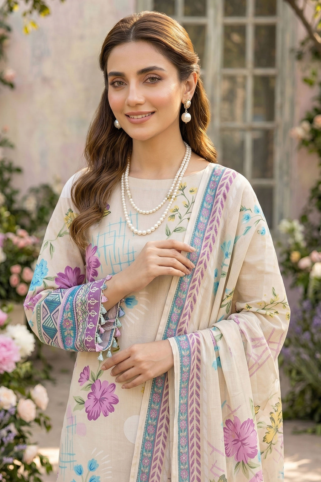 Cream 3 Piece Unstitched Premium Printed Lawn Suit By Safa Noor Nigaah Collection Summer 2026