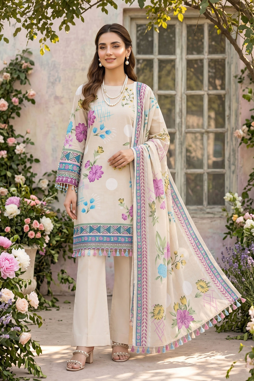 Cream 3 Piece Unstitched Premium Printed Lawn Suit By Safa Noor Nigaah Collection Summer 2026