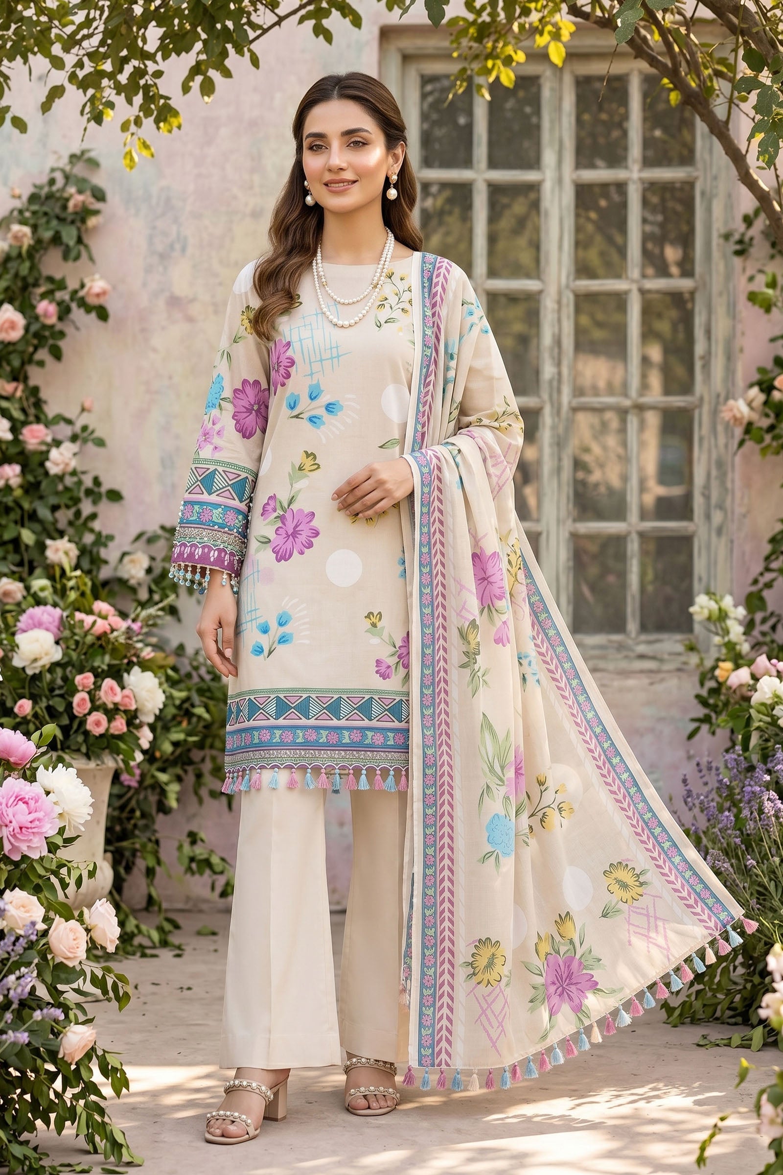 Cream 3 Piece Unstitched Premium Printed Lawn Suit By Safa Noor Nigaah Collection Summer 2026