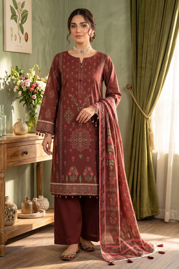 Dark Brown 3 Piece Unstitched Premium Printed Lawn - SAFANOOR