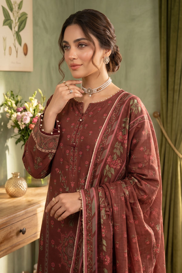 Dark Brown 3 Piece Unstitched Premium Printed Lawn - SAFANOOR