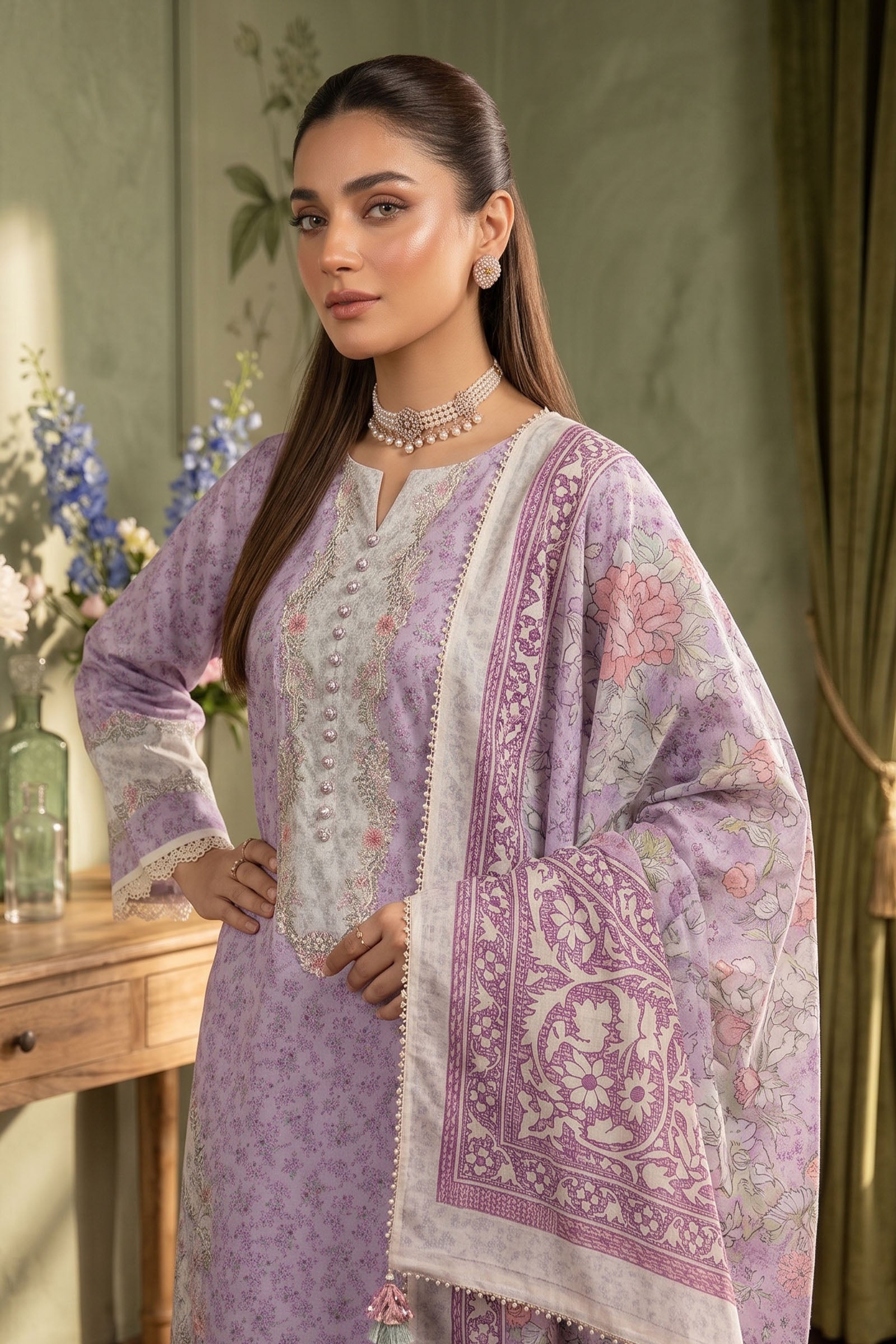 Dusty Mauve 3 Piece Unstitched Premium Printed Lawn - SAFANOOR
