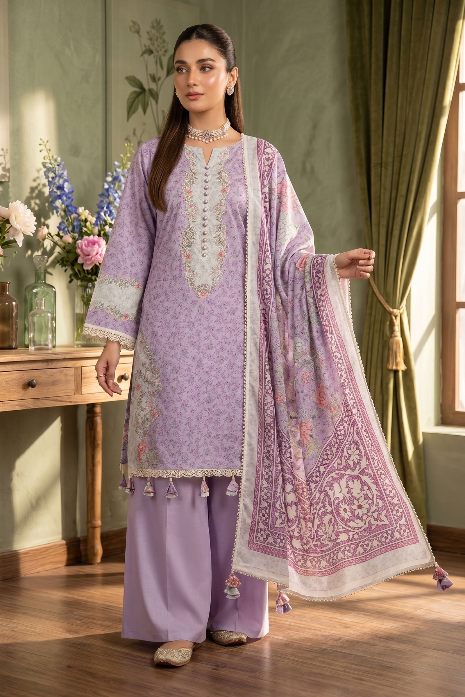 Dusty Mauve 3 Piece Unstitched Premium Printed Lawn-SAFANOOR Main image