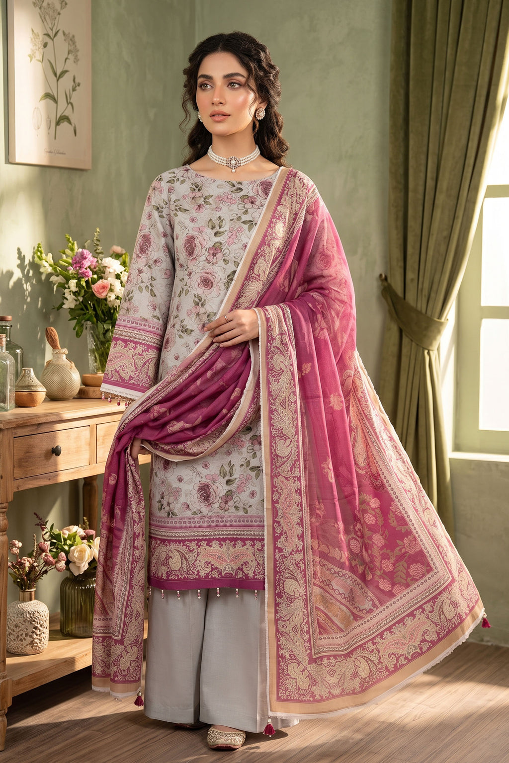 Gray 3 Piece Unstitched Premium Printed Lawn -SAFANOOR