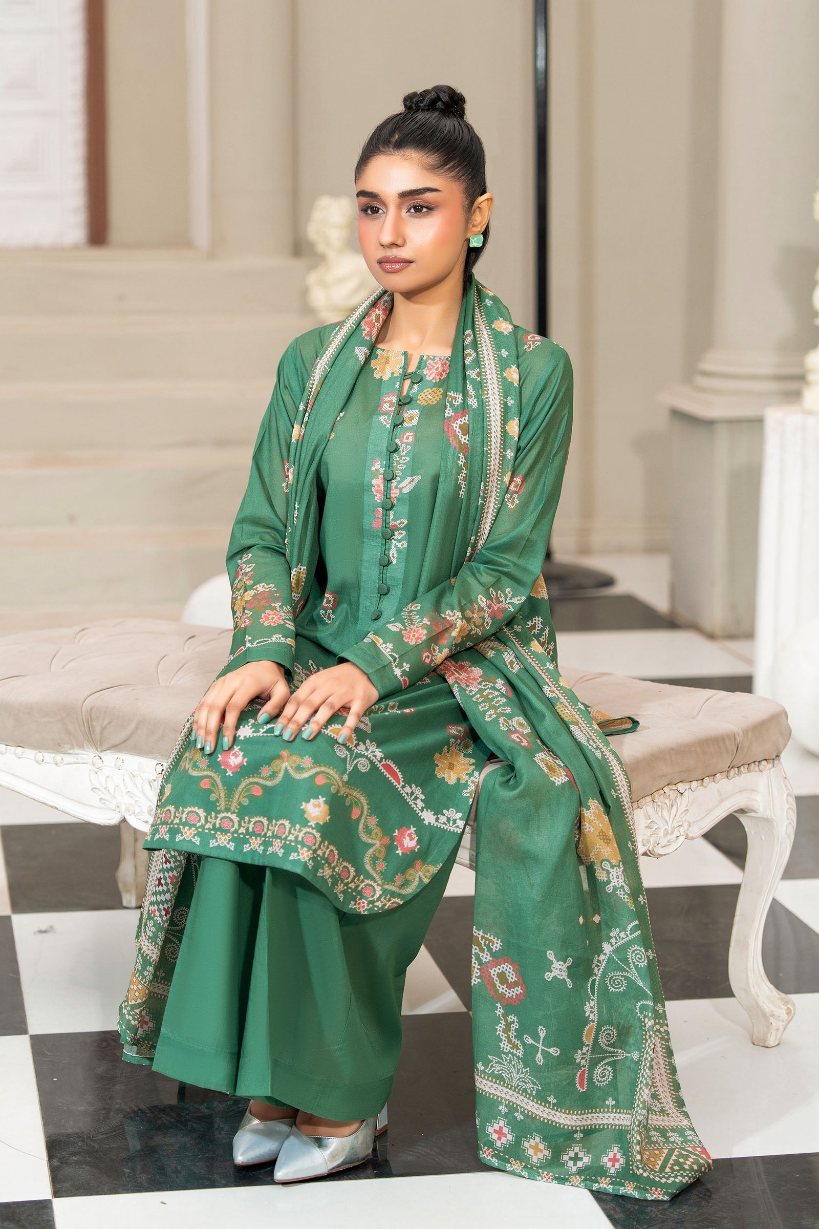 Green 3 Piece Unstitched Premium Printed Lawn