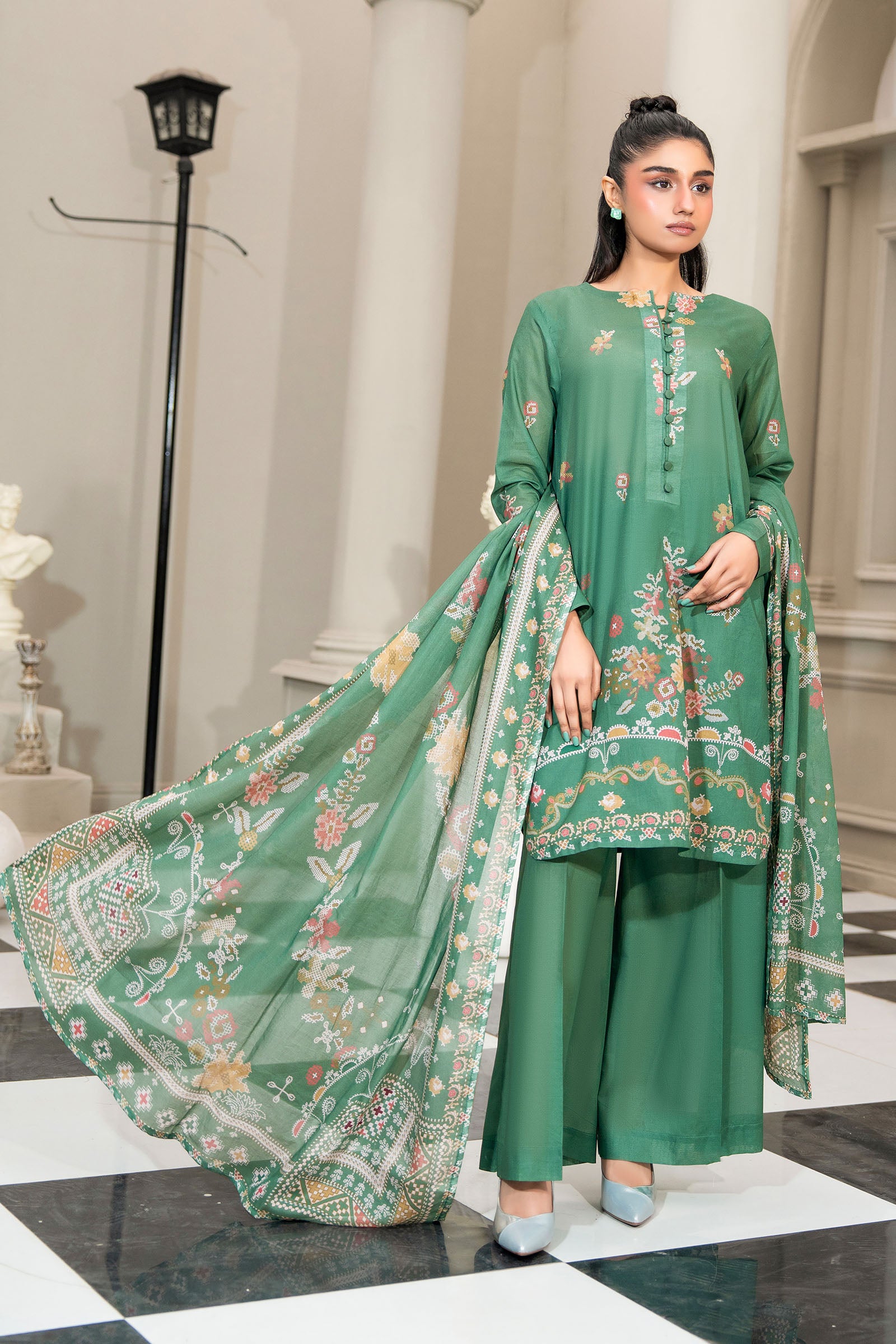 Green 3 Piece Unstitched Premium Printed Lawn