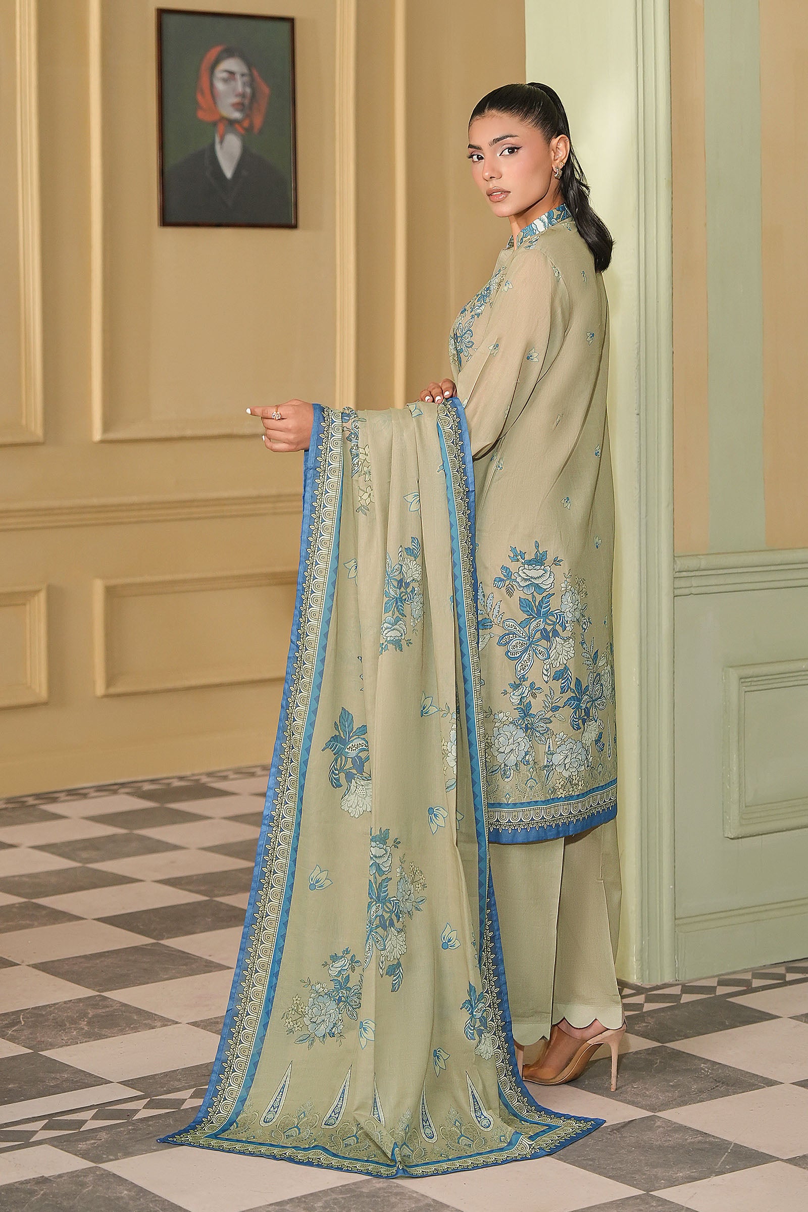 Khaki 3 Piece Unstitched Premium Printed Lawn
