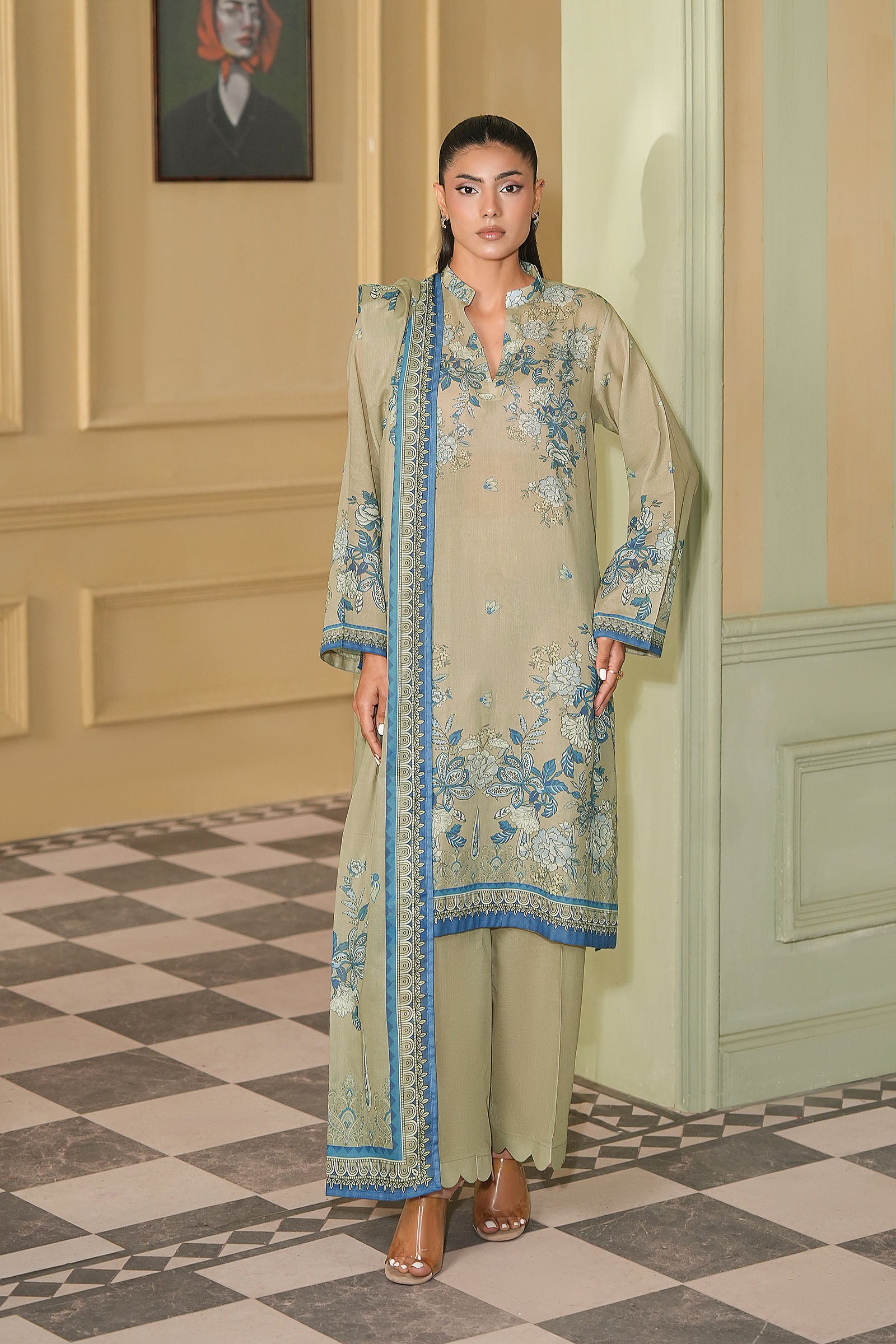 Khaki 3 Piece Unstitched Premium Printed Lawn