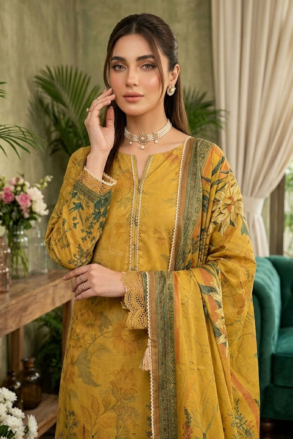 Mustard 3 Piece Unstitched Premium Printed Lawn-SAFANOOR