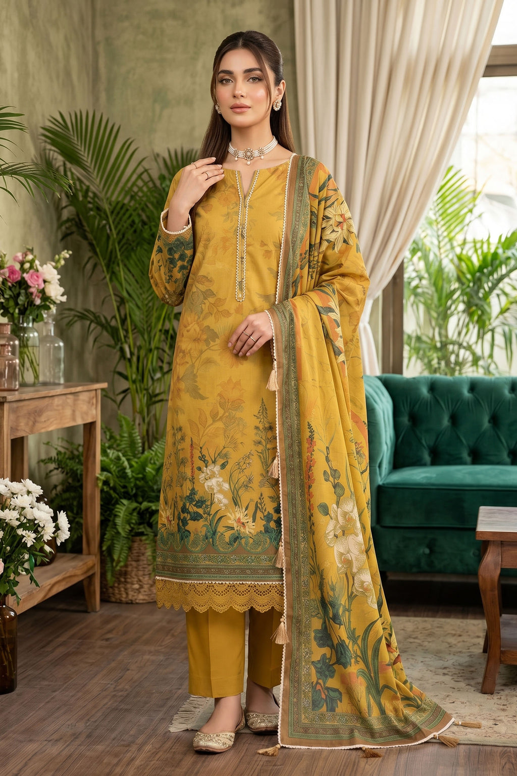 Mustard 3 Piece Unstitched Premium Printed Lawn