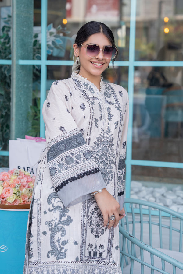 Off White 2 Piece Unstitched Embroidered Lawn