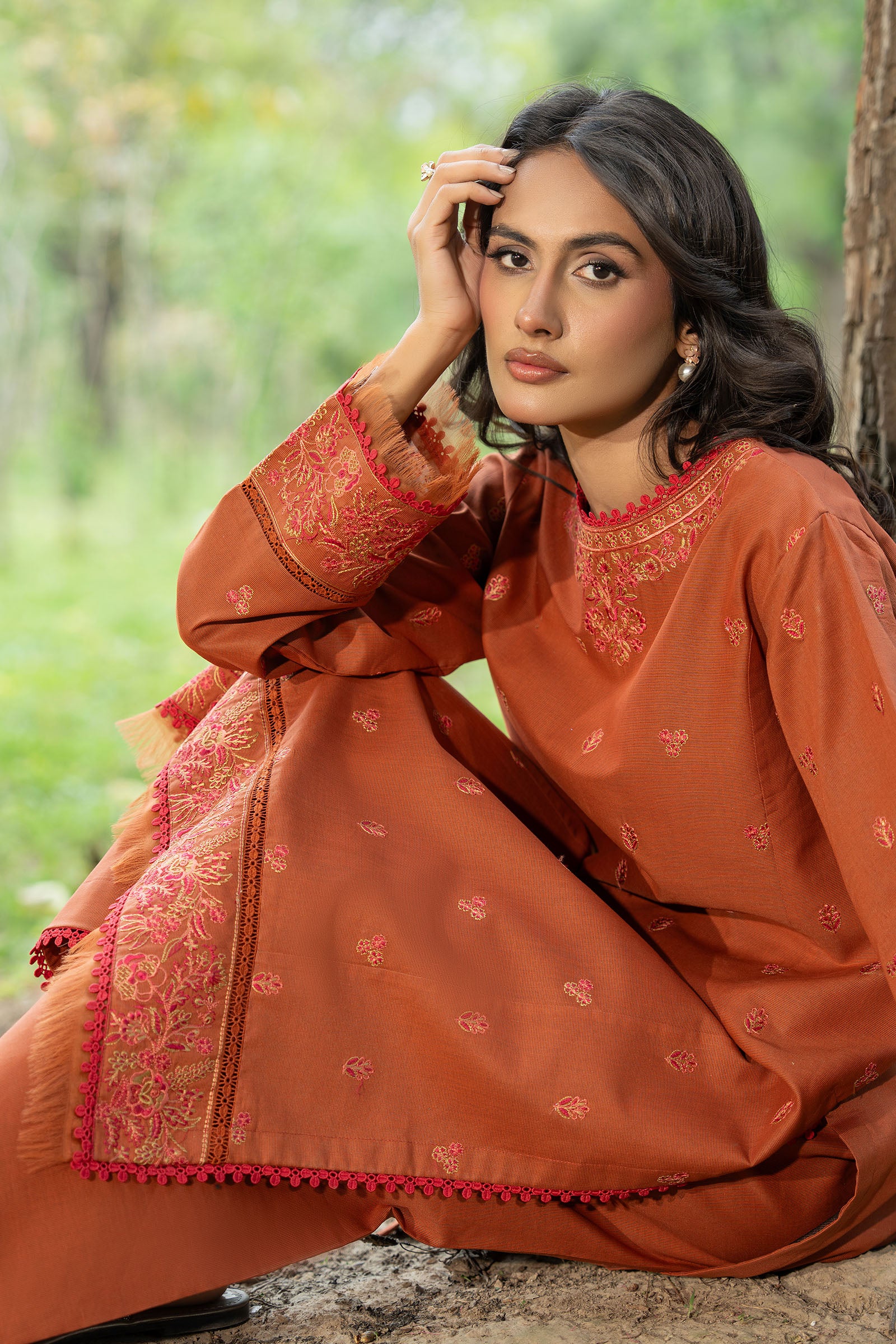 Orange 2 Piece Unstitched Dyed Embroidered Lawn