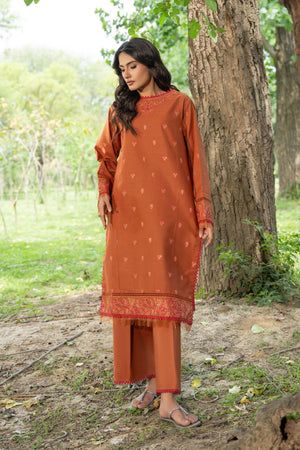 Orange 2 Piece Unstitched Dyed Embroidered Lawn
