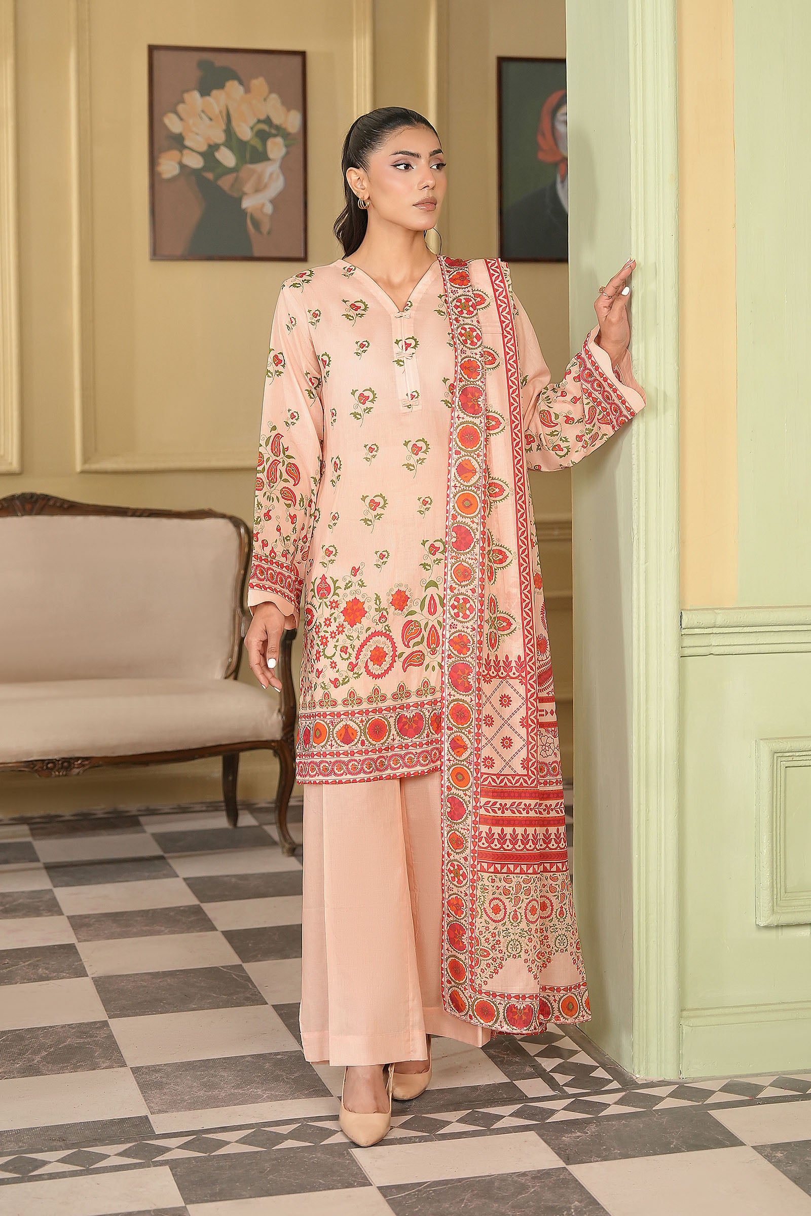Peach 3 Piece Unstitched Premium Printed Lawn