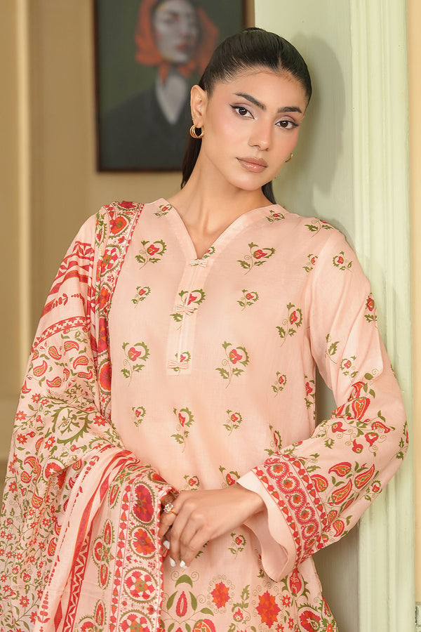 Peach 3 Piece Unstitched Premium Printed Lawn