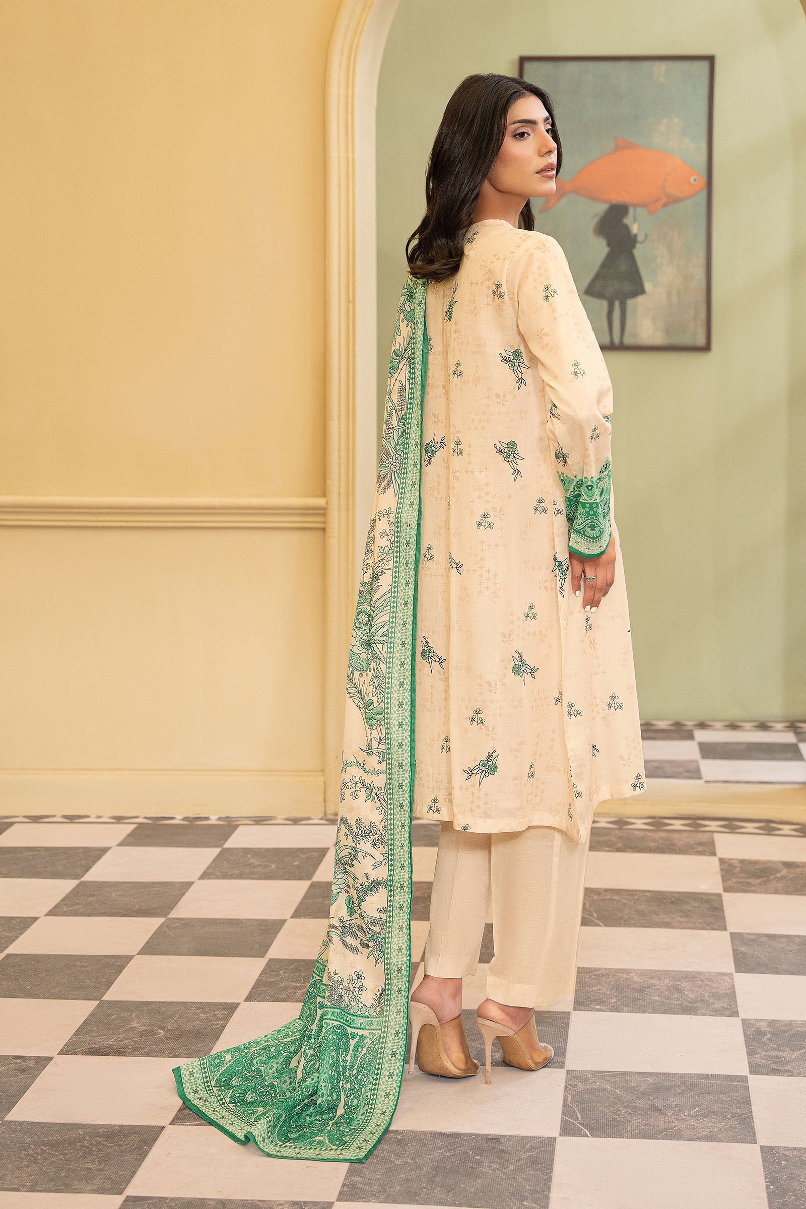 Peach 3 Piece Unstitched Premium Printed Lawn