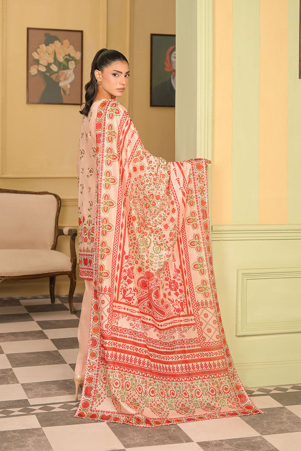 Peach 3 Piece Unstitched Premium Printed Lawn