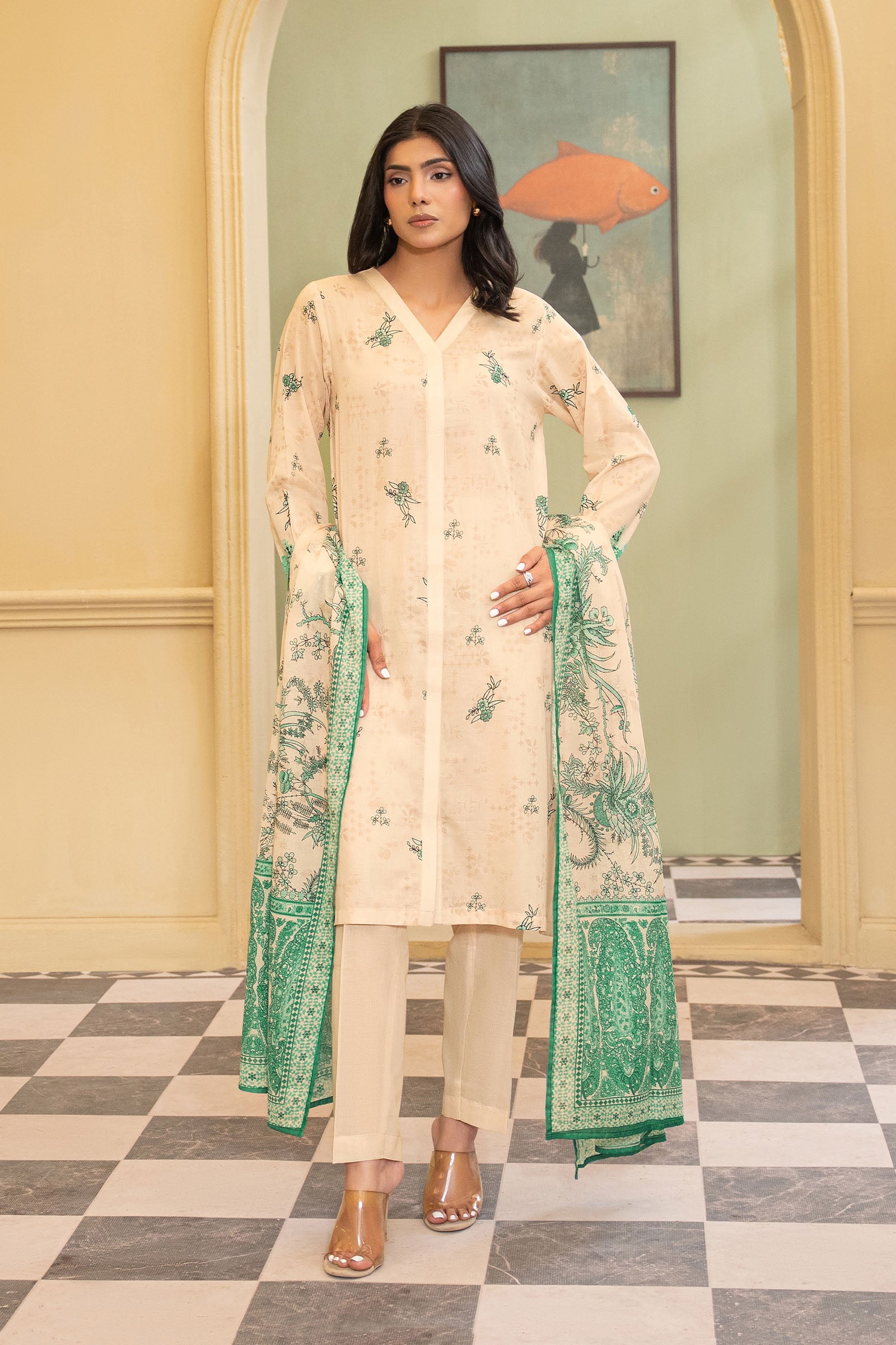 Peach 3 Piece Unstitched Premium Printed Lawn