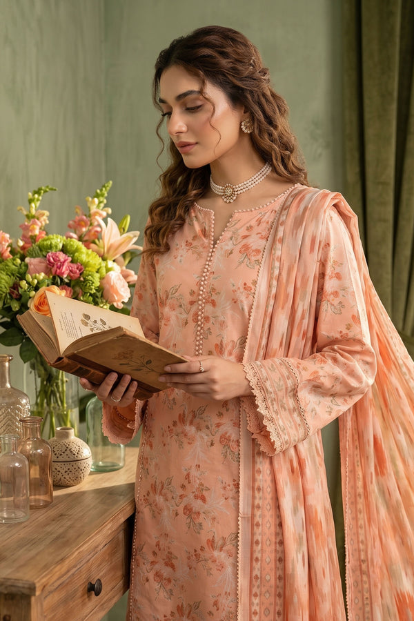 Peach 3 Piece Unstitched Premium Printed Lawn - SAFANOOR