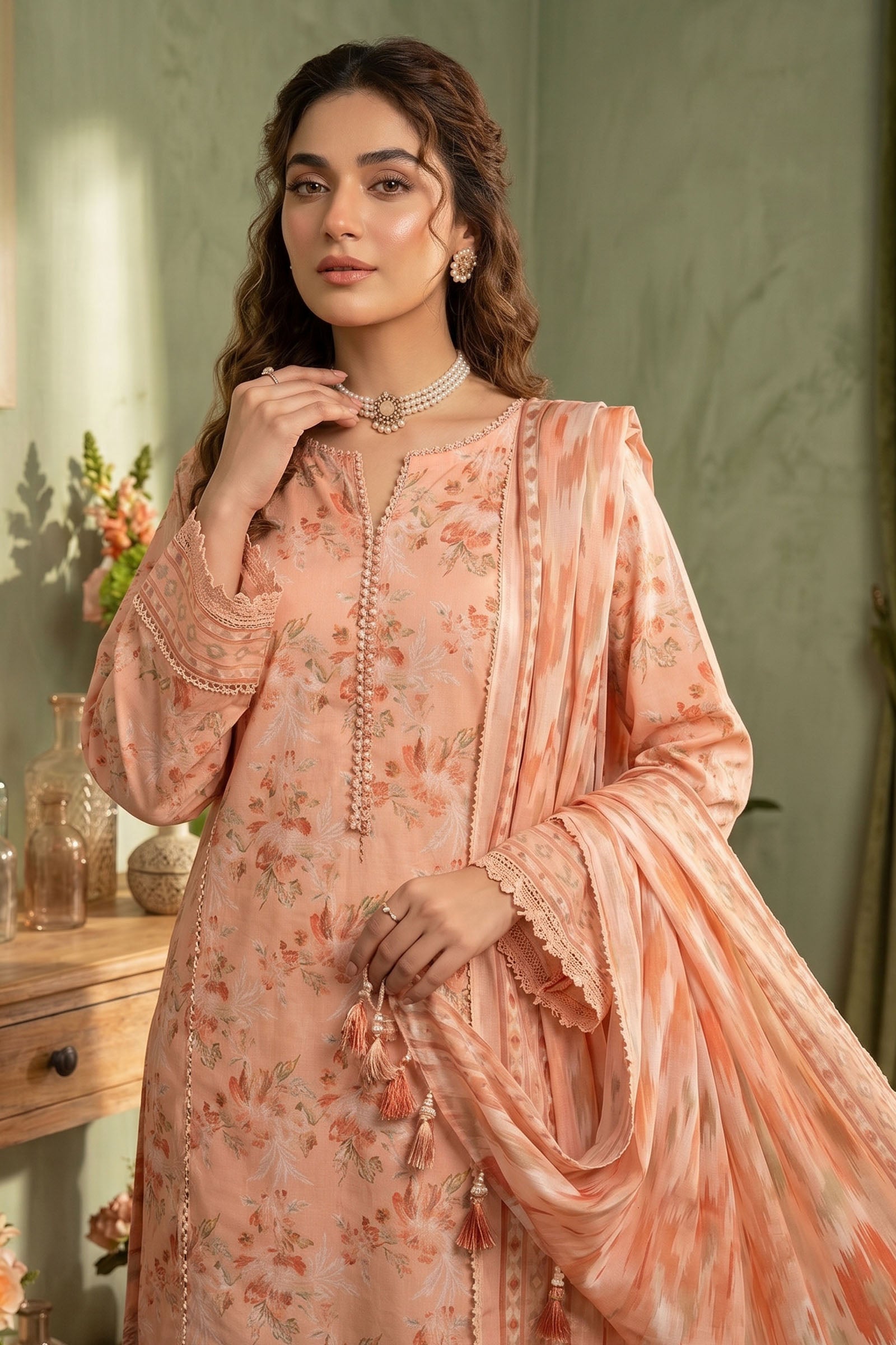 Peach 3 Piece Unstitched Premium Printed Lawn - SAFANOOR